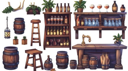 Bar furniture and stuff isolated set. Wooden desk with beer taps, high chairs, shelf with glass bottles, lanterns, signboard with plants and wooden pots. Modern illustration, icons, clipart.