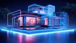 Futuristic modern home glowing with neon light of the future