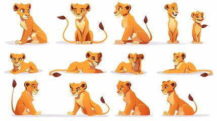 Wall Mural - African feline animal, wild cat sitting, standing, walking with female lioness character isolated on white background. Modern cartoon set of african feline animals.