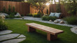 Idyllic backyard retreat boasting manicured grass, textured rocks, and a charming wooden bench.