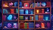 The poster illustrates a bookshelf filled with cubes representing worlds of stories and knowledge, including outer space, ocean, wild animals, and imagination.