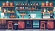 The interior of a wine shop in a shopping mall depicts bottles of alcohol on shelves, vintage wooden barrels with taps, stools, and a cash register with a computer screen.