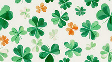 A Pattern Of Illustrated Green And Orange Four-leaf Clovers Spread Out Against A Light Background, Symbolizing Luck Or St. Patrick's Day.