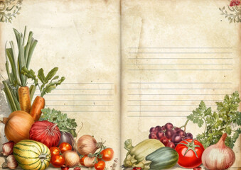 Canvas Print - Double page for junk journal, Vintage plants and seeds, vegetables, flowers and fruits, lined sheet, Ai generated