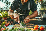 Fototapeta Sawanna - Chefs harvesting herbs and vegetables in a sunlit garden, preparing for a farm-to-table dining event.