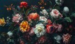 A rich tapestry of diverse flowers in full bloom representing the vibrant life of summer in a dark, mysterious setting