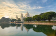 Victoria Memorial Kolkata, an ancient colonial-style building with pond at sunrise