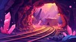 The entrance to a crystal cave game cartoon background. The magical mineral gemstones are hidden within a mountain landscape with railway. The location of a solar canyon dungeon is in a sunny canyon.