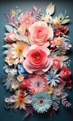 Sticker - A large arrangement of paper flowers on a blue background. AI.