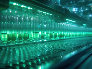 Poster - A row of test tubes filled with green liquid in a lab. AI.