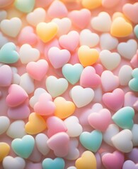 Canvas Print - A close up of a pile of small colored hearts on top. AI.