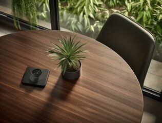 Wall Mural - A plant on a table next to an electronic device. AI.