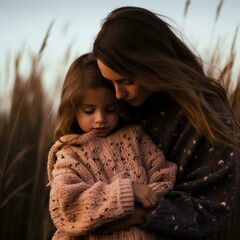 Sticker - A woman and child in a field of tall grass hugging. AI.