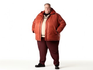 Poster - A man in a puffy jacket standing on the white background. AI.