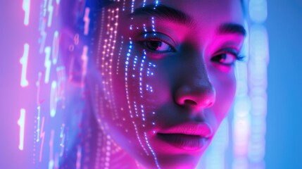 Sticker - A woman with a glowing face and neon lights. AI.