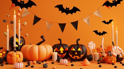 Wall Mural - On an orange background, 3D Halloween pumpkins, candies, candles, bunting and bats appear.