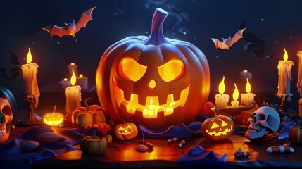 Wall Mural - The pumpkin is surrounded by candles, a skull, and bats in a dark night background.
