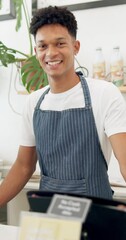 Poster - Barista, cafe and face of man with smile for friendly service, confidence and pride by counter. Small business, startup and portrait of happy waiter in restaurant, diner and coffee shop for welcome