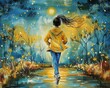 A girl in a yellow jacket is running through a field of flowers. The sun is setting and the sky is a bright blue. The girl's hair is long and flowing behind her. She is wearing jeans and sneakers. She