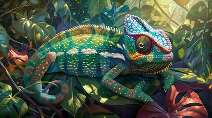 Amidst a lush jungle, a Dazzlingly Colored Chameleon, adorned with Fashionable Sunglasses, lounges gracefully on a bed of vibrant tropical leaves.