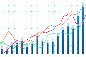 Fototapete - A colorful financial chart with candlestick elements and multiple lines tracking different indexes, set against a grid white background, representing market analysis concepts