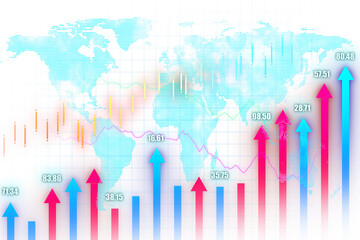 Wall Mural - A colorful financial chart with world map outline and rising arrows, indicating market growth, on a grid background, portraying investment concepts