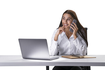 Wall Mural - A woman smiles while talking on the phone, with a laptop on the table in front of her, against a white background, depicting a business concept