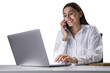 © Who is Danny - A smiling woman multitasking with a phone and laptop on a desk against a white background, depicting business communication