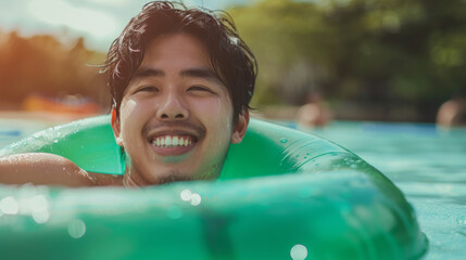 Portrait of happy young asian man in a green rubber swimming pool ring on at hotel club swimming pool during summer vacation in asia