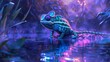 In a surreal dreamscape, a Dazzlingly Colored Chameleon, sporting Fashionable Sunglasses, stands atop a crystal-clear pond.