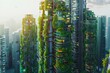 A very tall building with trees growing on its exterior, illustrating a futuristic concept of green roofs in urban architecture. Generative AI