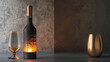 Conjure a wine bottle in a luxurious claret color and a frosted copper glass, promising a decadent experience.