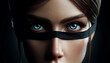 A close-up image of a woman's eyes, her intent and unwavering gaze. Her eyes are dark blue, reflecting the image of a blindfold, symbolizing the impartial and fair nature of justice.
