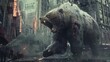 Majestic bear roars fiercely amidst steam on a desolate urban street, post-disaster