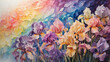 Mystical irises in a rainbow mist gradient, blooming amidst a veil of enchantment.