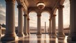 A grand corridor lined with classic columns, warm sunlight casting soft shadows on elegant architecture, evoking a sense of history and grandeur.. AI Generation