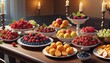 A sophisticated spread of assorted fresh fruits artfully arranged on pedestals, illuminated by the warm glow of candlelight in a serene setting. AI Generation