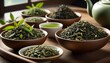 A variety of green tea leaves displayed in earthenware bowls, paired with a pot of brewed tea, embodying tranquility and tradition. AI Generation