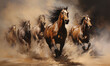 Galloping many horses emerges from the dust and smoke. Generative AI. H001