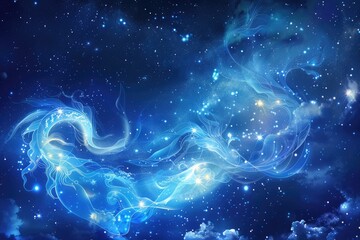 Aquarius Zodiac Sign on Abstract Night Sky Background. Airy Art with Blue Bright Stars and Deep Space. Astrology and Astronomy Calendar