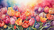 Radiant watercolor landscape featuring a profusion of tulips in a rainbow of colors, a vibrant celebration of springtime.