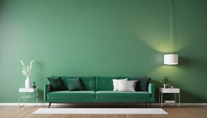 Wall Mural - Interior mockup green wall with green sofa in bright colours 