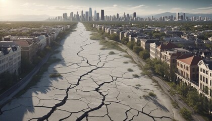 Landscape of a city with cracks in the ground in bright colours 