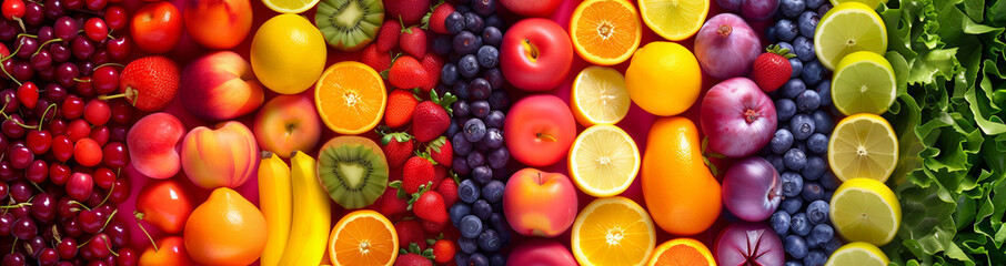 Wall Mural - Vivid mosaic of fresh fruits and vegetables creating a rainbow spectrum, a vibrant display of healthy, colorful produce.
