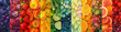 Vivid mosaic of fresh fruits and vegetables creating a rainbow spectrum, a vibrant display of healthy, colorful produce.
