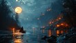 © Summit Art Creations - The picture of young or adult male or female that sailing the boat in the middle of the water that surrounded with nature in the nighttime of the day yet look bright and clear with the light. AIGX03.