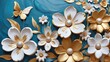 colorful 3D image of white and gold flowers with a butterfly, painted with oil paints on a bright floral background. Ideal for themes of nature, art, and vibrancy.