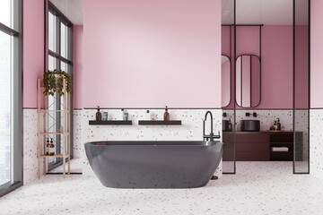 Modern bathroom interior with terrazzo floor, freestanding tub, pink walls, and plant, concept of luxury and relaxation. 3D Rendering