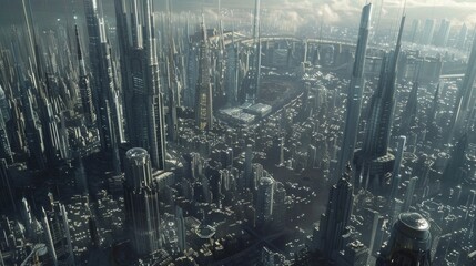  An aerial shot of a sprawling metropolis filled with towering skysers that seem to blend seamlessly into the futuristic landscape giving a glimpse into the visionary work of the architects .
