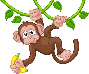 Canvas Print - A monkey cartoon character singing on jungle vines with banana